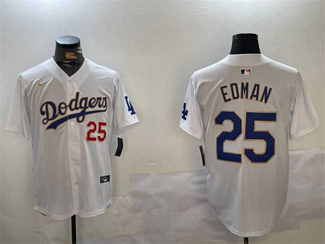 Mens Los Angeles Dodgers #25 Tommy Edman White Gold Home Limited Stitched Jersey